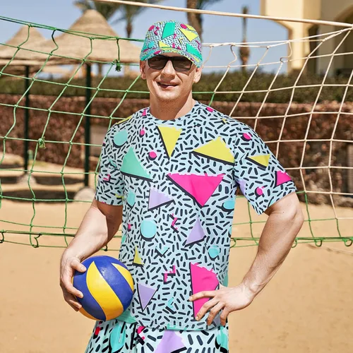 Miniatura 5 de Handepo Conjunto retro de los años 80 y 90 para hombre, 2 piezas, camiseta hippie y pantalón corto con sombrero para disfraz de fiesta de discoteca