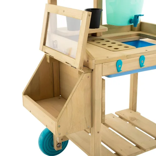 Miniatura 7 de TP Toys - Banco de macetas para niños, mesa de jardinería de madera para exteriores con ruedas, fregadero y grifo, estantes de almacenamiento