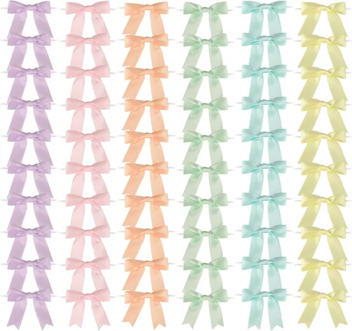 Meseey 60 lazos de satén de arcoíris pastel con lazo giratorio de 2.5 pulgadas, lazos preatados para manualidades de colores preatados para cesta de