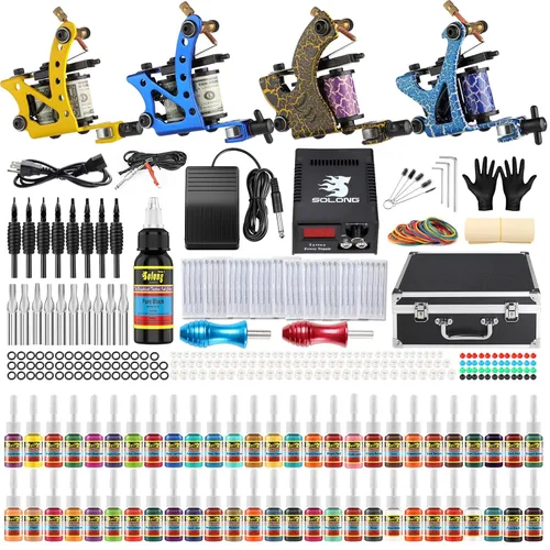 Solong Kit Completo de Tatuaje 4 Pistolas de Máquina Pro 54 Tintas Fuente de Alimentación Pedal de Pie Agujas Agarres Puntas Estuche de Transporte