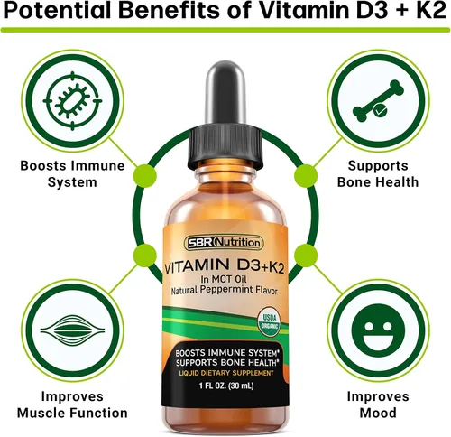 Miniatura 3 de SBR Nutrition Máxima absorción, vitamina D3 + K2 (MK-7) gotas líquidas con aceite MCT, sabor a menta, ayuda a apoyar huesos fuertes y corazón