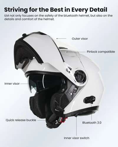 Miniatura 6 de ILM - Casco de motocicleta con Bluetooth, modular, intercomunicador para 2-3 conductores, abatible, de cara completa, con doble visera, aprobado por