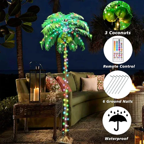Miniatura 6 de Palmeras iluminadas de 5 pies con control remoto, 35 colores cambiantes, palmeras artificiales iluminadas con cocos, palmera tropical para piscina