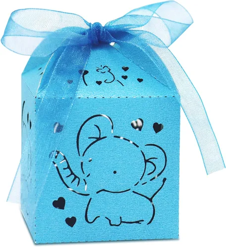 Kslong Cajas azules de recuerdo de baby shower, 50 cajas de recuerdo de elefante para bebé niño, cajas de dulces cortadas con láser con cinta para