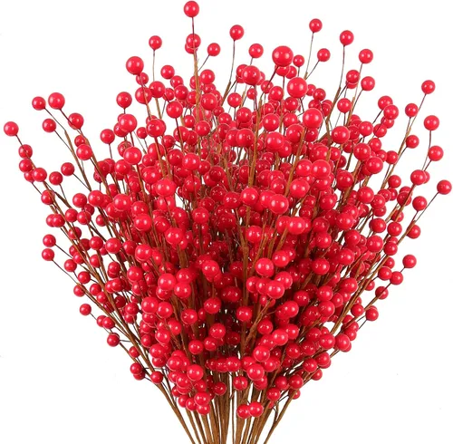 Larksilk Púas de tallo de bayas de acebo rojo – 35 bayas, detalles navideños de 17 pulgadas para coronas y decoración, 3 piezas | Faux berry