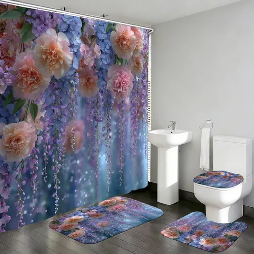 Miniatura 7 de DDQQ Juego de cortinas de ducha florales azules y blancas con flores dulces pintadas con alfombras, juego de cortina de ducha de baño de primavera