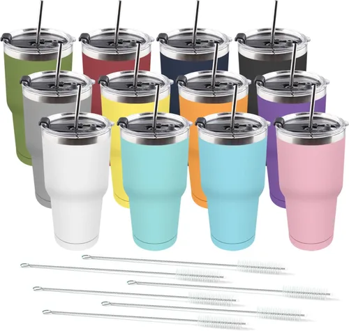 Miniatura 15 de Amtidy Paquete de 16 tazas de viaje de 30 onzas, vaso de acero inoxidable recubierto de polvo de doble pared a granel, taza de café aislada duradera
