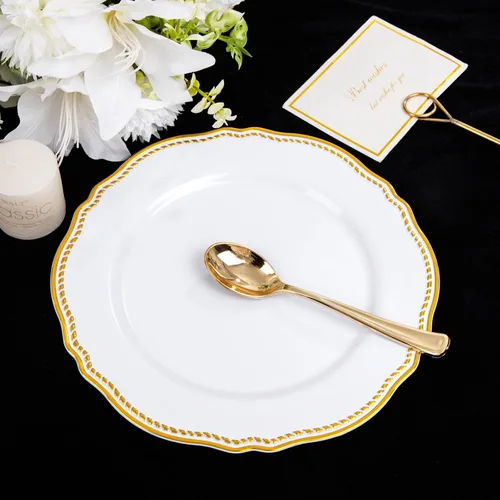 Miniatura 4 de Hioasis 60 piezas de platos de plástico dorados - Vajilla desechable blanca y dorada con borde dorado, resistente, 26 cm, platos para fiesta y boda