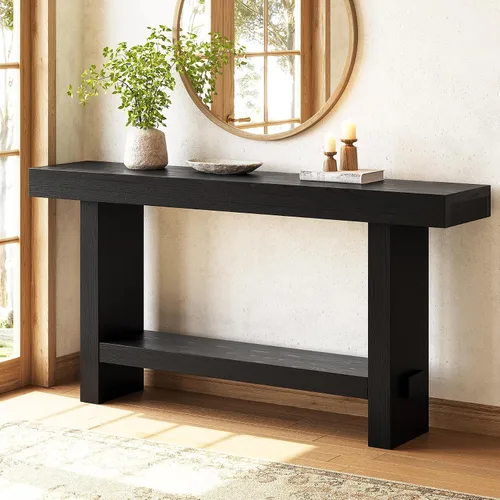 Mesa consola de madera maciza de 63 pulgadas, mesa de entrada estrecha de 2 niveles para pasillo, entrada, sala de estar, detrás del sofá, color