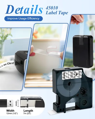 Miniatura 4 de Paquete de 4 recambios para rotuladora Dymo D1, negro sobre transparente 45010 S0720500, 1/2 pulgada x 23 pies cinta de etiquetas transparente D1