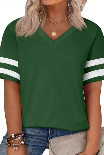 Miniatura 89 de Eytino Blusas de talla grande para mujer, cuello en V, manga corta, a rayas, casual, holgada, con bolsillo (1X-5X)