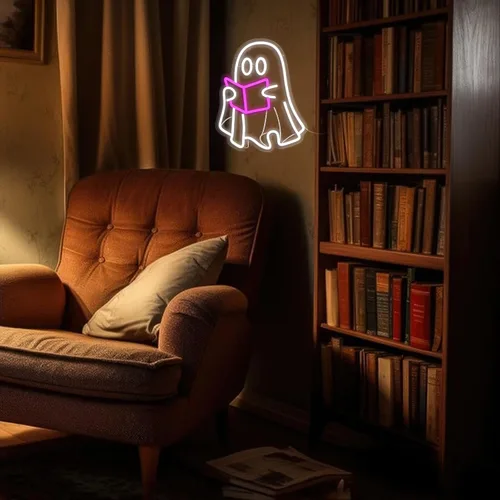 Miniatura 7 de Lámpara de libro de lectura fantasma, letrero de neón de fantasma de lectura, letrero de neón LED para sala de lectura, libro de lectura colgante