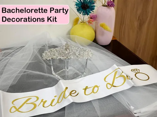 Miniatura 4 de JETKONG 3 Piezas Decoraciones de Despedida de Soltera Corona de Ducha Nupcial, Banda y Velo de Novia para Mujeres Regalos de Despedida de Soltera