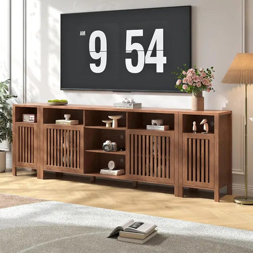 Miniatura 10 de BVIUNTWO - Soporte de TV Farmhouse marrón con puertas con rejilla, 5 compartimentos de almacenamiento abiertos, consola multimedia de 65