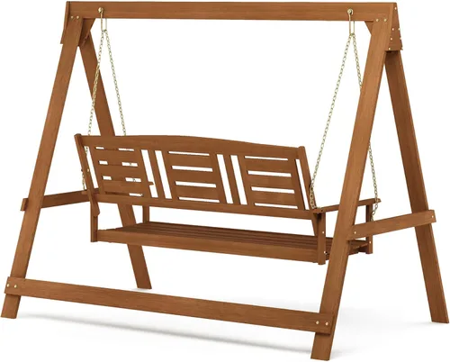 Miniatura 4 de Furinno Tioman - Columpio grande de madera dura para patio, jardín, exterior, 3 plazas con marco para colgar, color natural