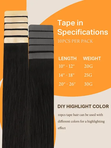 Miniatura 4 de DOORES Extensiones de cabello humano con cinta adhesiva, color negro azabache, 10 pulgadas, 0.71 onzas, 10 unidades, extensiones de cabello humano