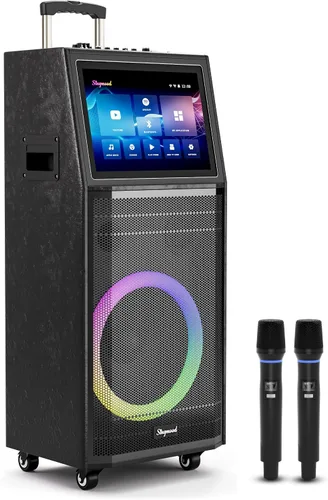Máquina de karaoke para adultos, con pantalla de letras, altavoz Bluetooth grande portátil inteligente, 2 micrófonos inalámbricos, sistema de