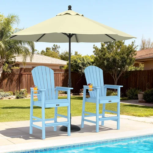 Miniatura 2 de VINGLI Silla Adirondack alta, silla Adirondack de plástico para todo tipo de clima con portavasos, taburetes de bar resistentes para exteriores, Azul