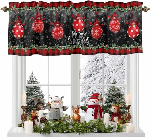 Miniatura 13 de Cenefa de cortina con lazo rojo de Navidad para ventanas, sala de estar, cocina, baño, granja, bolas de Navidad de acuarela con diseño de bayas