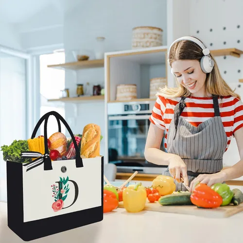Miniatura 36 de Bolsa de lona con inicial, regalos de cumpleaños personalizados para mujeres, madres, amigas y profesoras, bolsas de mano con monograma adecuadas