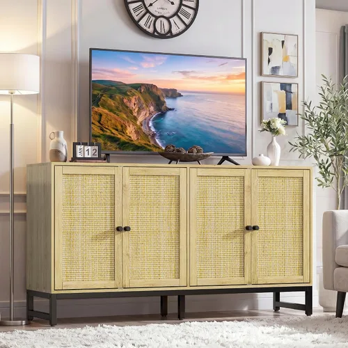 Miniatura 4 de ZLWJGY Credenza - Armario tipo bufé de ratán, aparador de almacenamiento con 4 puertas, mesa consola grande de mediados de siglo moderna de 59