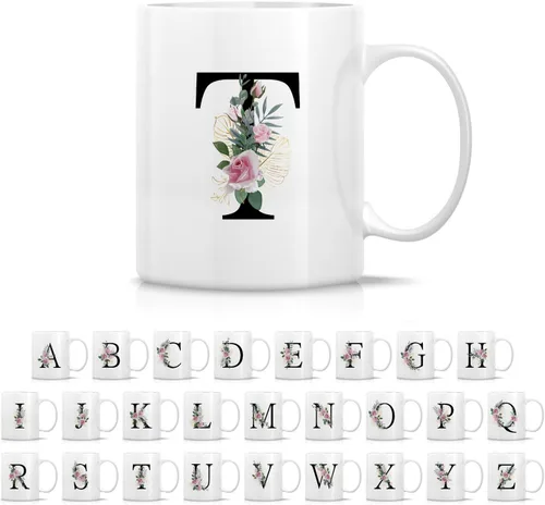 Miniatura 16 de Retreez Ramo botánico floral inicial A-Z con monograma, taza con monograma de cerámica de 11 onzas, regalo de agradecimiento de agradecimiento