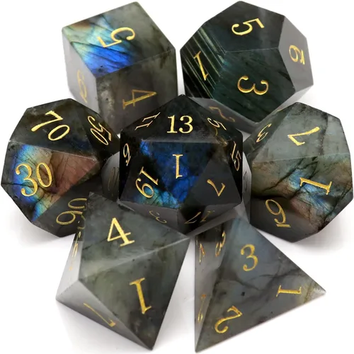 Miniatura 8 de Haxtec - Juego de dados de piedras preciosas de labradorita y piedra lunar, dados poliédricos DND con estuche premium compatible con juegos de mesa