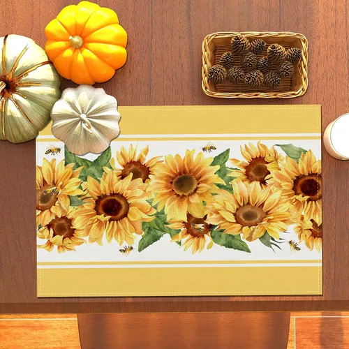 Miniatura 5 de Juego de 4 manteles individuales de girasol de acuarela, manteles individuales de primavera, decoración y suministros de girasol para el hogar, mesa