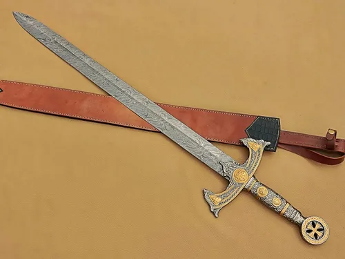 Miniatura 4 de Espada Templaria medieval hecha a mano, espada larga de Damasco sagrada con funda de cuero