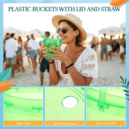 Miniatura 3 de Funnymoom Paquete de 36 cubos de plástico para ron para bebidas con pajita, cubeta de cóctel para helado, con tapas y asas, recipientes de alimentos