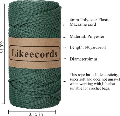 Miniatura 2 de Likeecords Cordón de macramé trenzado de poliéster de 0.157 in, 140 yardas/426 pies, hilo elástico para bolsa de ganchillo para manualidades, Verde