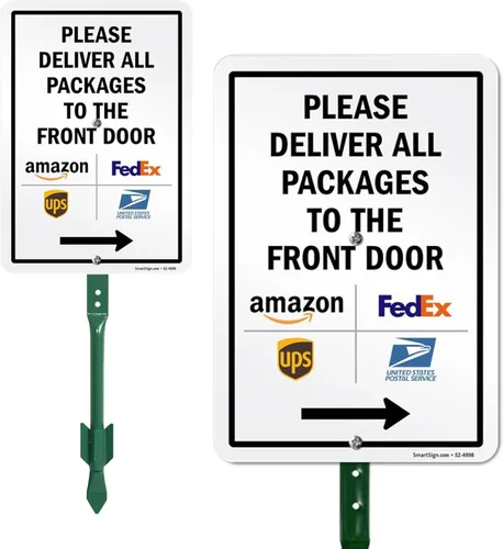 Miniatura 10 de SmartSign Letrero de metal con texto en inglés "Please Deliver All Packages to The Front Door" de 10 x 14 pulgadas, con flecha izquierda y Letrero