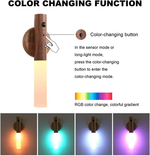 Miniatura 2 de LANDGOO Luz nocturna con sensor de movimiento RGB y control táctil, aplique de pared de madera recargable USB-C Luz de baño/dormitorio
