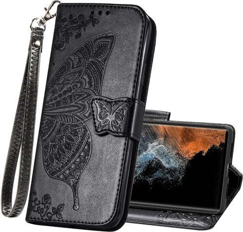 Funda para Galaxy S23 Ultra, Funda tipo billetera para Samsung S23 Ultra, Funda protectora de teléfono de cuero PU con correa para muñeca, ranuras