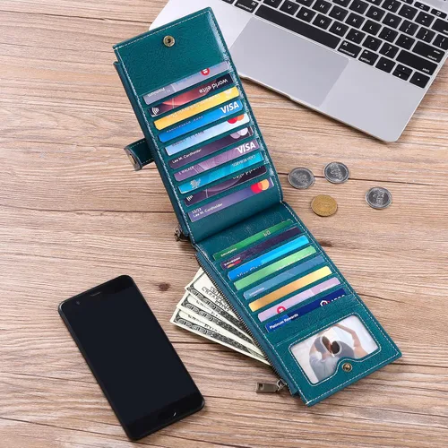 Miniatura 7 de GOIACII Billeteras para mujer con bloqueo RFID y 2 bolsillos con cremallera, C-Peacock Blue Type 3
