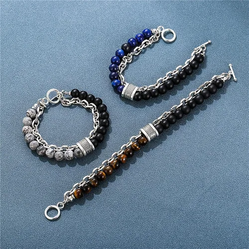 Miniatura 3 de Pulsera de obsidiana para hombre, pulsera de cuentas negras, pulseras de cadena plateada, pulseras punk, regalo de joyería