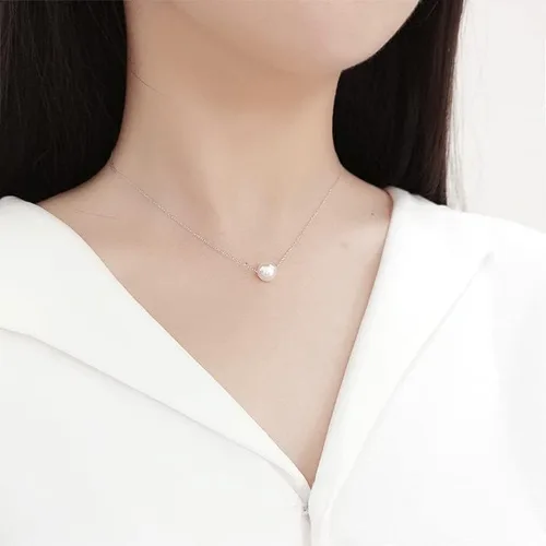 Miniatura 5 de Gargantilla flotante de plata de ley 925 con perlas de concha de 0.315in, collar de dama de honor para mujer, color blanco (CYX0009), Perla, Perla