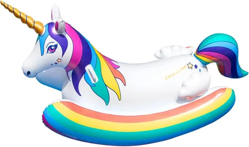SWIMLINE Juguete flotante original de unicornio arcoíris mecedora para piscina, con asas fáciles de agarrar y refuerzos laterales estabilizadores