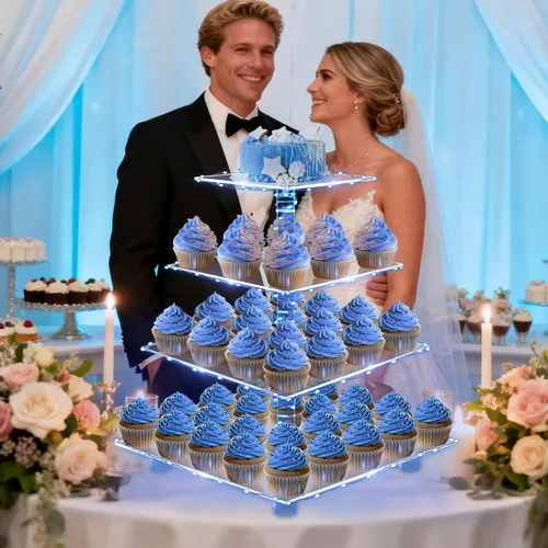 Miniatura 6 de YestBuy Soporte de Cupcakes Acrílico de 4 Niveles Soporte de Pasteles para Té de la Tarde Soporte Grande para Cupcakes Torre de Cupcakes Soporte Azul