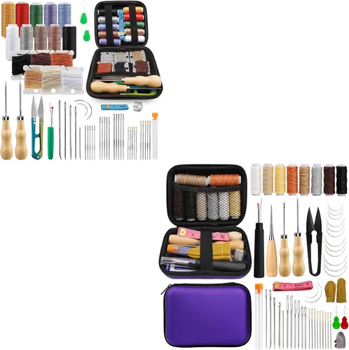 Tikjiua Kit de costura de cuero de 59 piezas con kit de reparación de tapicería resistente para asiento de automóvil, mochila, alfombra, botas,