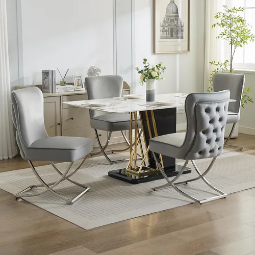 Miniatura 6 de WUTUTUEE Sillas de comedor de terciopelo de lujo, sillas de comedor tapizadas sin brazos con patas en X de metal plateado, juego de 2 sillas de Gris