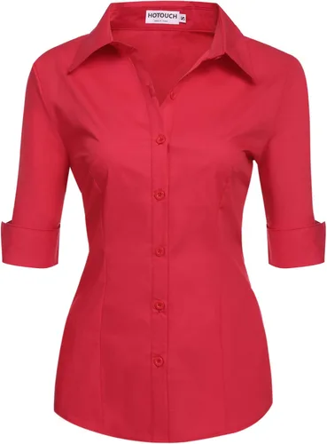 Miniatura 10 de HOTOUCH Camisa de manga 3/4 con botones para mujer, blusas de trabajo ajustadas, camisas de vestir de algodón, camisas de oficina