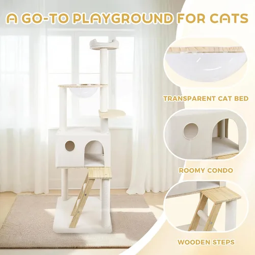 Miniatura 4 de Árbol para gatos de madera maciza de 65 pulgadas, moderno, torre para gatos de varios niveles para gatos de interior, torre resistente para gatos