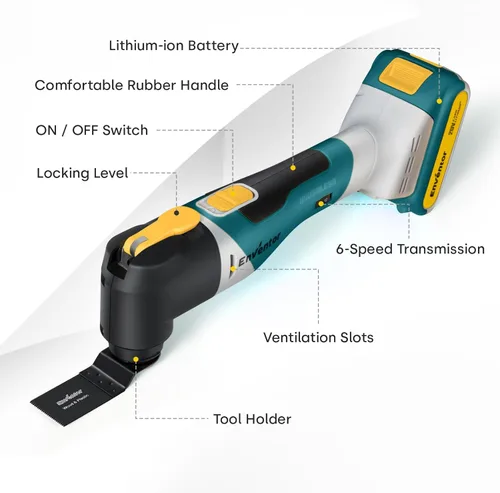 Miniatura 2 de Enventor Multiherramienta oscilante inalámbrica de 20 V, sierra oscilante sin escobillas con 28 accesorios, cargador rápido, 6 velocidades Amarillo