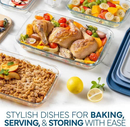 Miniatura 2 de COOK WITH COLOR - Juego de 8 piezas de refractarios profundos de vidrio con tapas de plástico, para hornear y almacenar alimentos, aptos para Azul