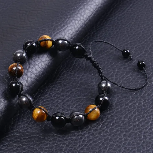 Miniatura 6 de DHQH Triple Protection Bracelet 8/10MM Hematite Black Agate Tigers Eye Stone Bracelet Crystal Jewelry Healing Bead Bracelets for Men Bring Luck