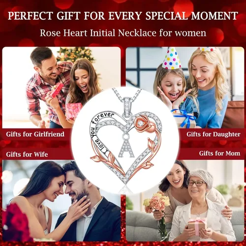 Miniatura 7 de Iefil Regalos para el día de la madre, collar de plata de ley 925 con inicial de corazón rosa para mujer, collar con dije de letra de corazón