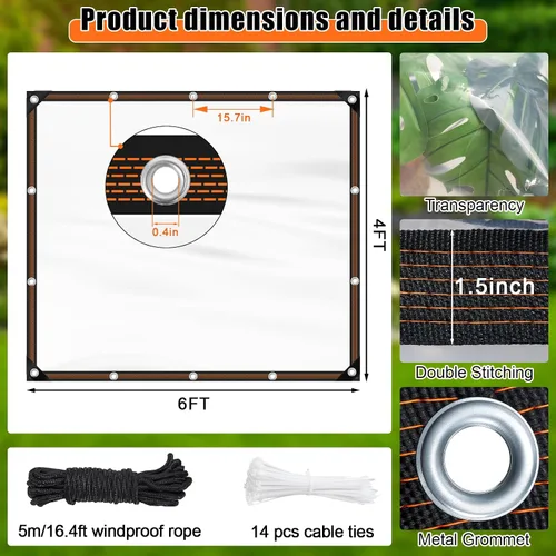 Miniatura 2 de ZYP Lona resistente transparente impermeable de 4x6 pies para jardín al aire libre, lona de vinilo transparente con ojales, lona impermeable