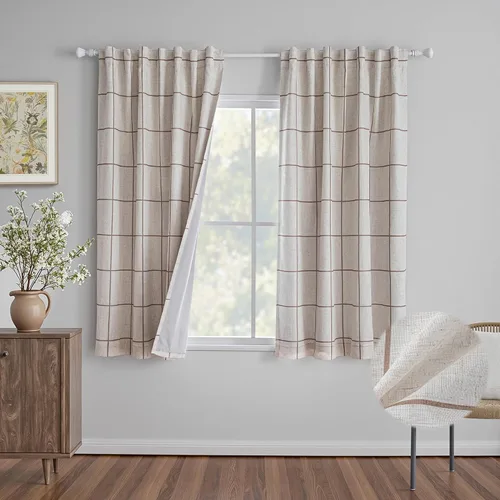 Miniatura 26 de MYSKY HOME Cortinas de Lino a Cuadros 100% Opacas de 45 Pulgadas de Largo de Doble Capa Estilo Granja con Aislamiento Térmico Estampado a Cuadros