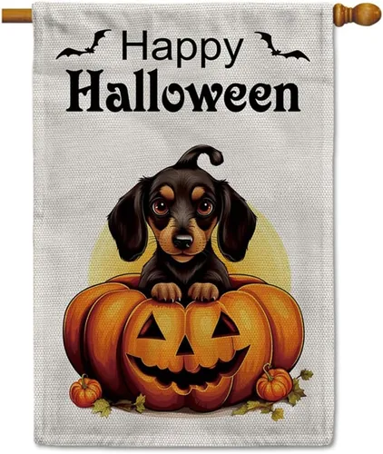 Miniatura 21 de Bandera de jardín de bulldog de Halloween de 12.5 x 18 pulgadas, vertical, doble cara, calabaza de Feliz Halloween, linda cachorro, decoración
